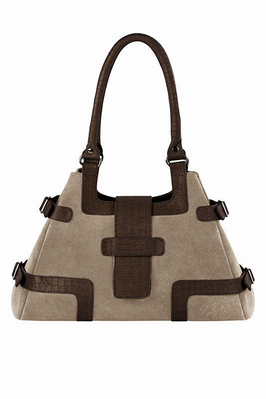 Dark brown and tan beige women's dress handbag, matching pumps and belts. Worn view - Florence KOOIJMAN